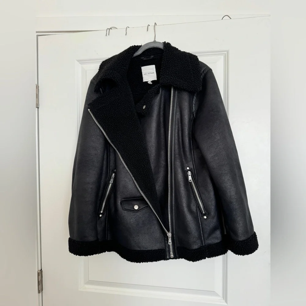 Avec Les Filles Faux Shearling Black Biker Jacket Size M - Picture 4 of 12